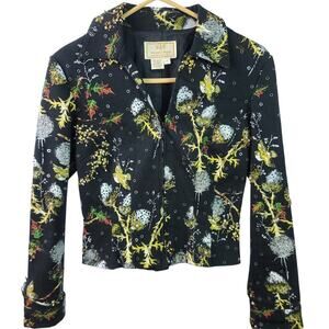 VIE Victoria Royal Black Yellow White Embellished Beads Birds Zip Up Jacket 4 S